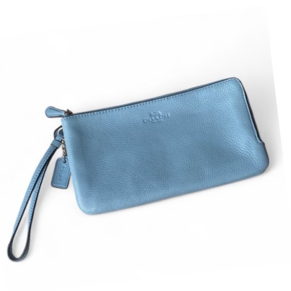 Coach Double Zip Wristlet F54056 Cornflower Blue Pebbled Leather NWT Wallet